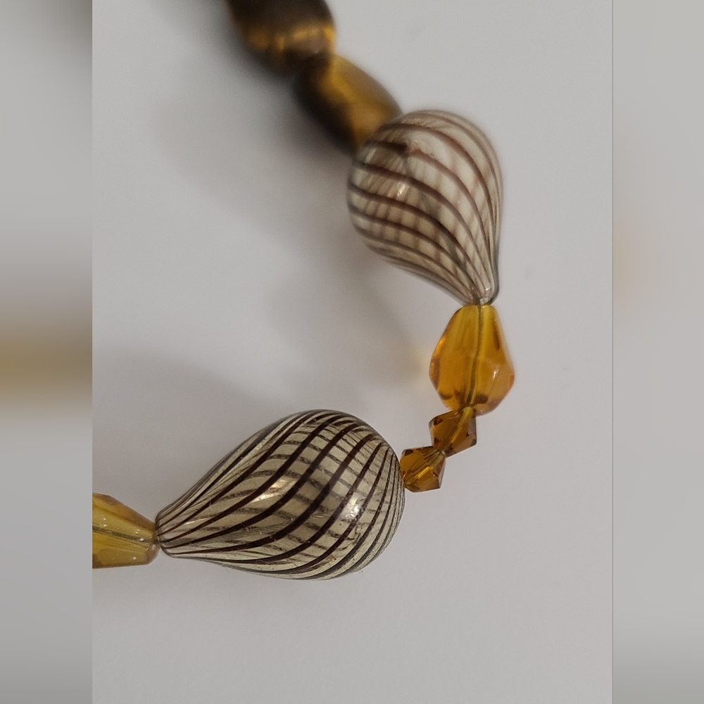Vintage 80's Murano Glass Stripe & Tigers Eye Gemstones Czech Amber Necklace Vtg - Picture 11 of 16